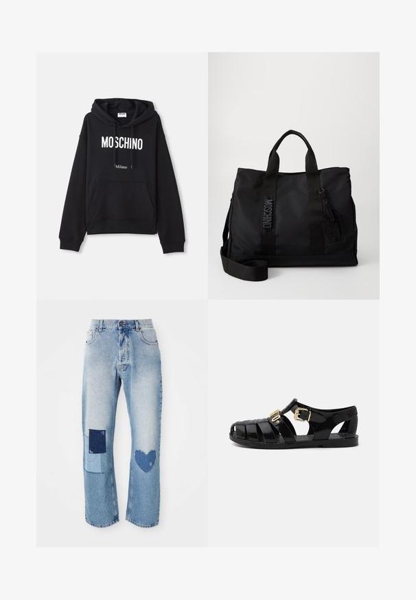 Čierna mikina s kapucňou vyrobená z kombinácie bavlny, s klokanieškovým vreckom, sťahovacou kapucňou a bielym potlačením "MOSCHINO Milano" na prednej strane.; Svetlo modré džíny s rovnom strihom, ktoré obsahujú dva nášivky: štvorcovú a srdcovú, obe v tmavších odtieňoch denimu.; Čierne gumové šľapky s výrezovým dizajnom, s prackou zlaté farby a textúrovanou stielkou. Logo vyrazené na päte.; Čierna nylonová taška cez rameno s dvojitými vrchnými uchami, nastaviteľným ramenným popruhom a embosovaným logom. Hladká textúra s pripevnenou visačkou.