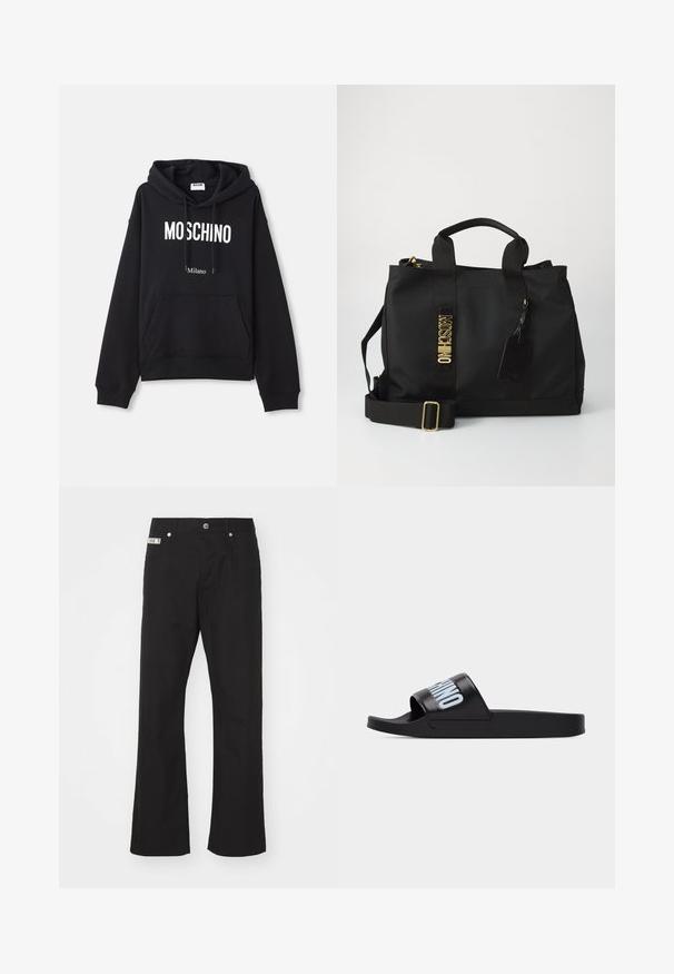 Hoodie noir en tissu mélangé coton, doté d'une poche kangourou, d'une capuche avec cordon de serrage, et d'un imprimé blanc "MOSCHINO Milano" à l'avant.; Pantalons en coton noir avec une coupe droite, dotés d'une fermeture à bouton à l'avant, de deux poches latérales et d'une petite étiquette de marque sur la taille.; Sandale noire à bride large ornée d'un grand texte bleu clair en lettres majuscules sur fond blanc.; Sac tote Moschino noir avec doubles poignées, bandoulière réglable, lettrage doré pour le logo et étiquette de bagages noire attachée sur fond uni.