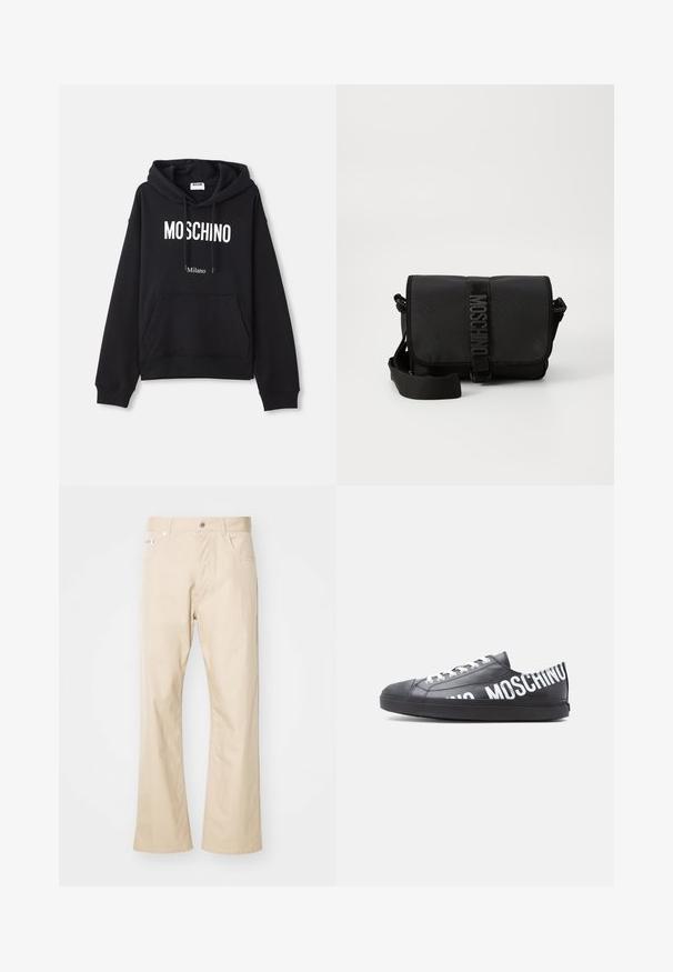 Schwarzer Hoodie aus einem Baumwollmischgewebe, mit Kängurutasche, Kapuze mit Kordelzug und weißem "MOSCHINO Milano"-Druck auf der Vorderseite.; Beige Hose aus Baumwolle mit geradem Bein, zwei vorderen Taschen, Gürtelschlaufen und einem Metallknopfverschluss.; Schwarzer Sneaker mit niedrigem Schaft, weißen Schnürsenkeln und "MOSCHINO" in großen weißen Buchstaben seitlich entlang der Seite und Ferse gedruckt.; Schwarze Nylon-Crossbody-Tasche mit Klappe, ausgestattet mit einem auffälligen Logo-Gurtverschluss, verstellbarem Tragegurt und seitlichen Steppnähten.