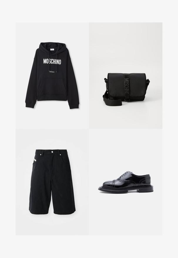 Must must kootesegust koosneb puuvilla segust, esiosas on kangaroopocket, kuppel, millel on pael ja valge "MOSCHINO Milano" trükk.; Mustad puuvillased lühikesed püksid, millel on mugav lõige, küljetaskud, vöökoht vööaasadega ja väike silt küljel.; Must lihvitud nahast brogue' stiilis kellakinga tiivalessuurtustega ja virnastatud kontsaga, külgprofiilis valgel taustal.; Must mustruum kotkas mustast nailonist, millel on klapp, esitleb silmapaistvat logo rihma sulgemist, reguleeritavat rihma ja külgõmbluste üksikasju.