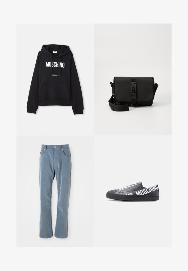 Schwarzer Hoodie aus einem Baumwollmischgewebe, mit Kängurutasche, Kapuze mit Kordelzug und weißem "MOSCHINO Milano"-Druck auf der Vorderseite.; Hellblaue Cordhosen mit Knopf- und Reißverschluss, Fronttaschen und geradem Bein auf weißem Hintergrund.; Schwarzer Sneaker mit niedrigem Schaft, weißen Schnürsenkeln und "MOSCHINO" in großen weißen Buchstaben seitlich entlang der Seite und Ferse gedruckt.; Schwarze Nylon-Crossbody-Tasche mit Klappe, ausgestattet mit einem auffälligen Logo-Gurtverschluss, verstellbarem Tragegurt und seitlichen Steppnähten.