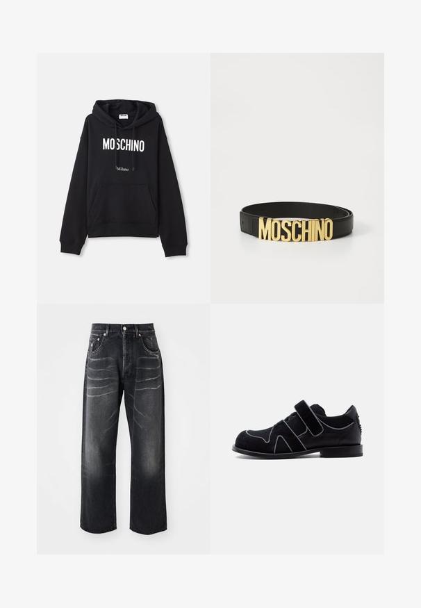 Hoodie noir en tissu mélangé coton, doté d'une poche kangourou, d'une capuche avec cordon de serrage, et d'un imprimé blanc "MOSCHINO Milano" à l'avant.; Jean noir à jambe droite avec des plis décolorés sur les cuisses, bouton avant, braguette zippée et design à cinq poches.; Chaussure habillée pour homme noire avec bride en velcro, détail lacé, matériaux en daim et cuir, et talon bas, sur fond blanc uni.; Ceinture en cuir noir avec une grande boucle en or « MOSCHINO », texture lisse, taille réglable et design minimaliste.