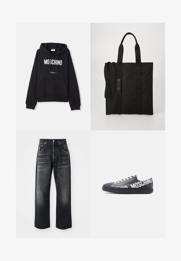 Zwarte hoodie van een katoenmix, met een kangoeroe-pocket, een capuchon met trekkoord en een witte print van "MOSCHINO Milano" op de voorkant.; Zwarte rechte jeans met vervaagde plooien op de bovenbenen, een voorste knoop, ritssluiting en vijf-pocket ontwerp.; Zwarte lage sneaker met witte veters en "MOSCHINO" in grote witte letters langs de zijkant en hiel gedrukt.; Zwarte draagtas gemaakt van duurzaam materiaal met korte handvatten en een verstelbare schouderriem. Voorzien van een geperst logo langs de riem.