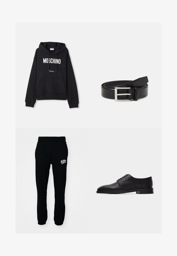Schwarzer Hoodie aus einem Baumwollmischgewebe, mit Kängurutasche, Kapuze mit Kordelzug und weißem "MOSCHINO Milano"-Druck auf der Vorderseite.; Schwarze Fleece-Jogginghosen mit elastischem Bund und Bündchen. Mit einem weißen Logo auf dem linken Oberschenkel. Glatte Textur, lockere Passform.; Schwarzer Herrenschuh aus Leder im Oxford-Stil mit geschlossener Schnürung und niedrigem, gestapeltem Absatz, seitlich auf weißem Hintergrund dargestellt.; Schwarzer Leder-Gürtel mit glänzender Oberfläche; ausgestattet mit einer silbernen Metallschnalle im rechteckigen Rahmendesign und glatten Kanten.