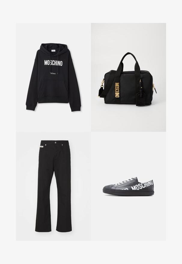 Sort hættebluse lavet af en bomuldsblandingsstof, med lomme foran, snørret hætte og hvid "MOSCHINO Milano" tryk på forsiden.; Svarte bomuldsbukser med lige ben-design, der har en frontknaplukning, to sidelommer og et lille mærke på linningen.; Sort lavt snøresko med hvide snørebånd og "MOSCHINO" trykt med store hvide bogstaver langs siden og på hælen.; Sort nylon taske med guldfarvet hardware, dobbelte top håndtag, aftagelig skulderrem og en lædermærke. Firkantet form med lynlåslukning.