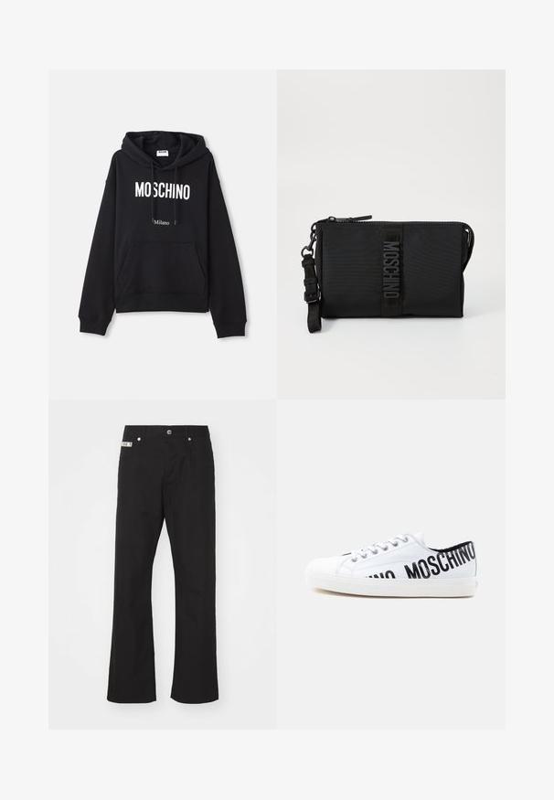 Čierna mikina s kapucňou vyrobená z kombinácie bavlny, s klokanieškovým vreckom, sťahovacou kapucňou a bielym potlačením "MOSCHINO Milano" na prednej strane.; Čierne bavlnené nohavice s rovnými nohavicami, zakončené predným zapínaním na gombík, dvoma bočnými vreckami a malou značkovou nášivkou na páse.; Biele nízke tenisky s bielymi šnúrkami a čiastočne viditeľným čiernym textom "MOSCHINO" na boku a päte.; Čierna nylonová kabelka na zips so štruktúrovanou nášivkou loga a nastaviteľným popruhom. Kompaktný obdĺžnikový tvar.