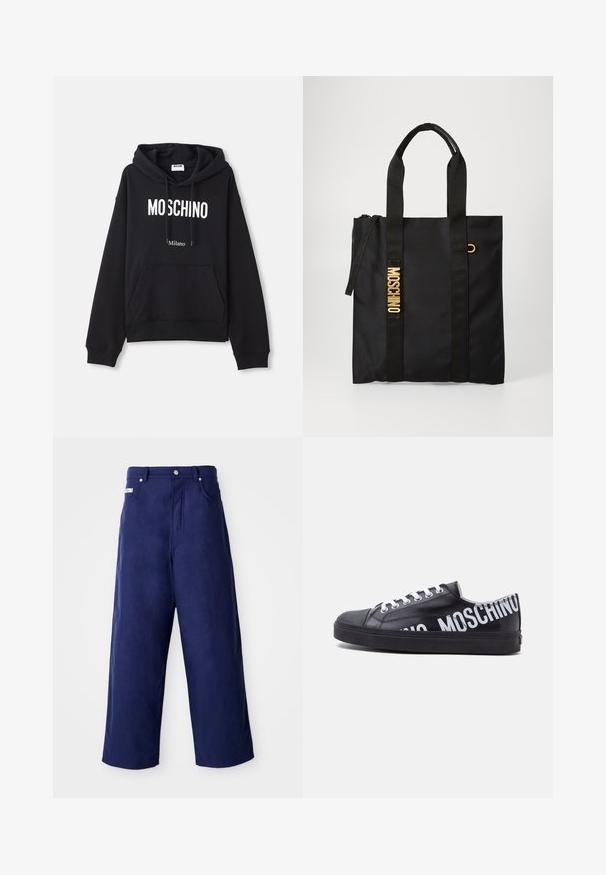 Schwarzer Hoodie aus einem Baumwollmischgewebe, mit Kängurutasche, Kapuze mit Kordelzug und weißem "MOSCHINO Milano"-Druck auf der Vorderseite.; Weite Hosen in Marineblau, aus weichem Stoff gefertigt. Mit einem Knopfverschluss und Fronttaschen, in einem klaren Finish ohne sichtbare Muster.; Schwarzer Sneaker mit niedrigem Schnitt, weißen Schnürsenkeln und fett gedrucktem weißen "MOSCHINO"-Text, der um die Ferse und die Seite verläuft.; Schwarze Tragetasche aus glattem Stoff mit zwei schwarzen Griffen, ausgestattet mit einem goldenen "MOSCHINO"-Logo und einem Reißverschluss oben.