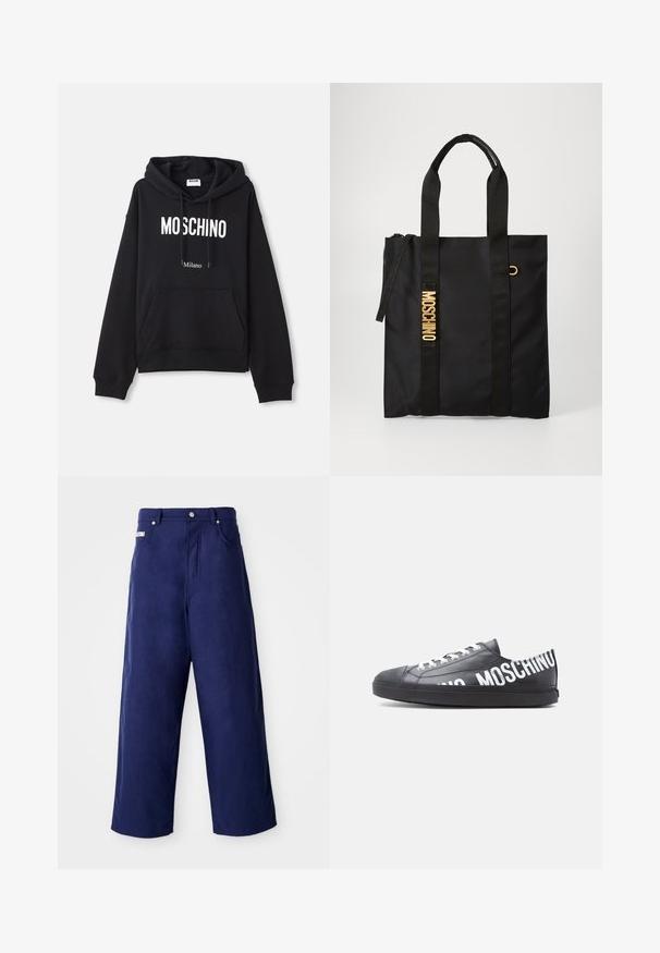 Čierna mikina s kapucňou vyrobená z kombinácie bavlny, s klokanieškovým vreckom, sťahovacou kapucňou a bielym potlačením "MOSCHINO Milano" na prednej strane.; Nadmorské nohavice v námořní modrej farbe, vyrobené z mäkkej látky. Majú uzáver na gombík a predné vrecká, s čistým popodom a bez viditeľných vzorov.; Čierna nízka teniska s bielymi šnúrkami a nápisom „MOSCHINO“ vytlačeným veľkými bielymi písmenami po boku a na päte.; Čierna taška cez rameno vyrobená z hladkej tkaniny s dvoma čiernymi popruhmi, s zlatým logom "MOSCHINO" a so zipsom na vrchu.