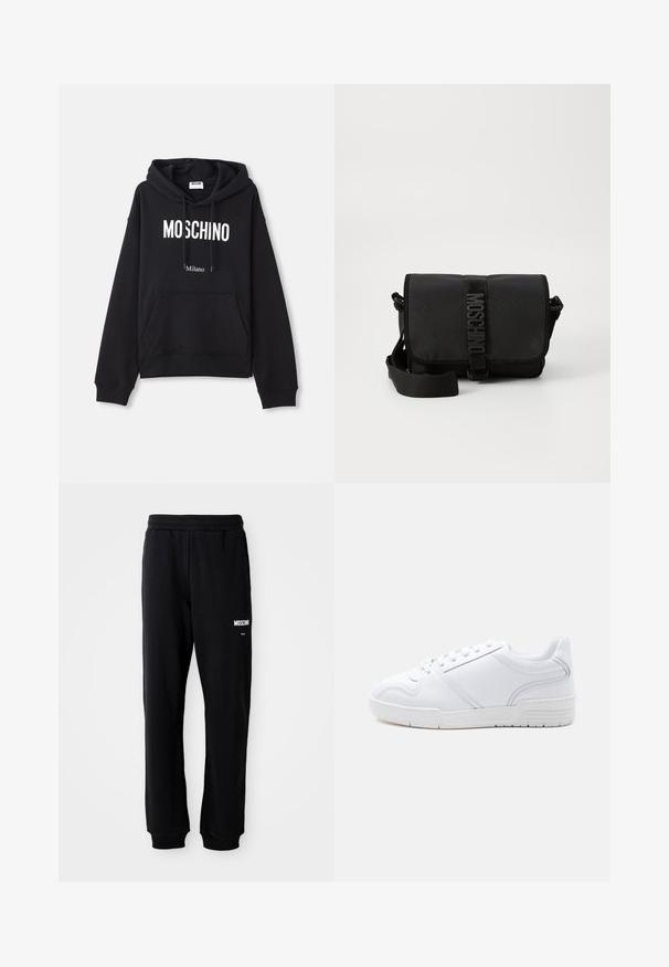 Sort hættebluse lavet af en bomuldsblandingsstof, med lomme foran, snørret hætte og hvid "MOSCHINO Milano" tryk på forsiden.; Sorte sweatpants med en afslappet pasform, lavet af blødt stof. Har en elastisk talje og hvidt "Moschino" logo på venstre lår.; Hvid sneakers med lavt snit, snørelukning, glat syntetisk overdel og mønstret gummisål på en ensfarvet lys baggrund.; Sort nylon crossbody taske med en klap, prydet med en fremtrædende logo-rem lukning, justerbar rem og sidelægninger.