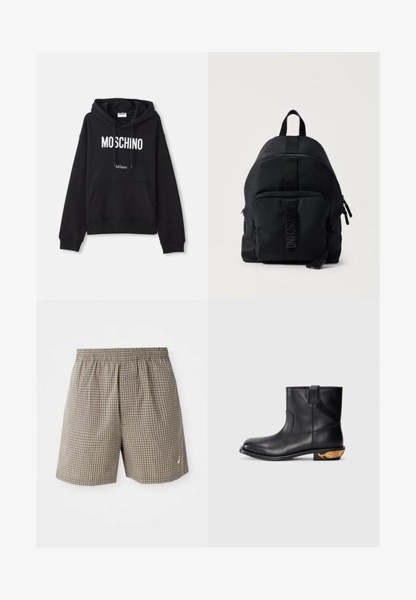 Must must kootesegust koosneb puuvilla segust, esiosas on kangaroopocket, kuppel, millel on pael ja valge "MOSCHINO Milano" trükk.; Pruunid ruudulised lühikesed püksid elastse vöökohtaga, küljetaskud ja väike logo detail allääres. Kergest kangast.; Mustvalge nahast ankle-botid sujuva pinnaga, ümarate varvastega ja kuldse aksendiga vaala motiiviga kontsapool. Minimalistlik disain.; Must Moschino nailonist seljakott esitasku ja ülalt käepidemega valgel taustal.