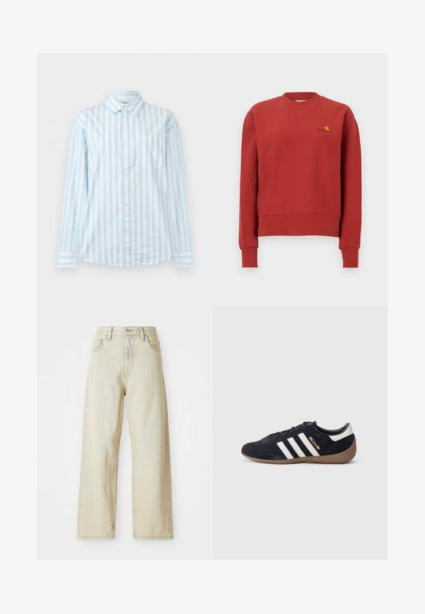 Sweat-shirt rouge à col rond avec manches longues et poignets côtelés, arborant un petit logo Carhartt jaune et noir sur la poitrine gauche.; Chemise à manches longues à rayures verticales bleu clair et blanches, avec une poche poitrine et un col classique.; Jean en denim à jambe large de couleur beige clair, avec poches avant, taille haute et détails de couture subtils. Fabriqué en tissu denim texturé.; Baskets en daim noir avec trois bandes blanches, semelle en caoutchouc beige, et un petit logo doré sur le côté. Dotées d'une doublure intérieure noire lisse.