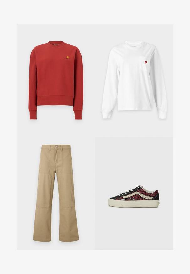 Rotes Sweatshirt mit Rundhalsausschnitt und langen Ärmeln, ausgestattet mit gerippten Bündchen und einem kleinen gelb-schwarzen Carhartt-Logo auf der linken Brust.; Weißes Langarmshirt mit Rundhalsausschnitt und Brusttasche mit kleinem roten herzförmigem Logo auf der rechten Seite.; Beige hoch taillierte Hosen mit weitem Bein, vorderen aufgesetzten Taschen, Gürtelschlaufen und Knopfverschluss. Einfacher, strapazierfähiger Stoff mit sichtbaren Nähten.; Vans OLD SKOOL 36 UNISEX - Sneaker low - bordeaux