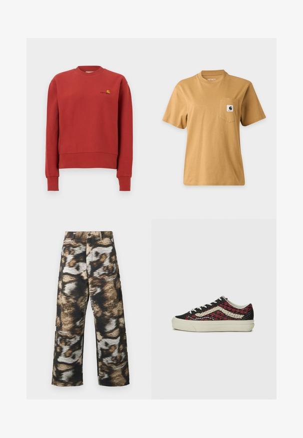 Rode crewneck trui met lange mouwen en geribbelde manchetten, voorzien van een klein geel-zwart Carhartt-logo op de linkerborst.; Effen bruine T-shirt met korte mouwen en een borstzakje met een vierkante merklogo-patch, getoond op een effen lichte achtergrond.; Wijd uitlopende broek met een gedurfd, abstract patroon in zwart, bruin en crèmekleuren. Gemaakt van gestructureerde stof met een hoge taille.; Vans OLD SKOOL 36 UNISEX - Sneakers laag - bordeaux