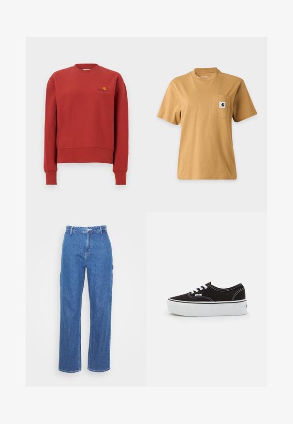 Rotes Sweatshirt mit Rundhalsausschnitt und langen Ärmeln, ausgestattet mit gerippten Bündchen und einem kleinen gelb-schwarzen Carhartt-Logo auf der linken Brust.; Schlichtes braunes kurzärmeliges T-Shirt mit einer Brusttasche, die einen quadratischen Markenlogo-Patch zeigt, dargestellt auf einem einfachen hellen Hintergrund.; Blaue High-Waist-Jeans mit geradem Bein, ausgestattet mit einem Frontknopfverschluss und seitlichen Taschen. Glatte Textur und keine sichtbaren Muster.; Schwarze Leinensneaker mit einer weißen Gummiplattformsohle, weißen Schnürsenkeln und Nähten, ikonischer Markenaufdruck an der Seite, im Low-Top-Design.