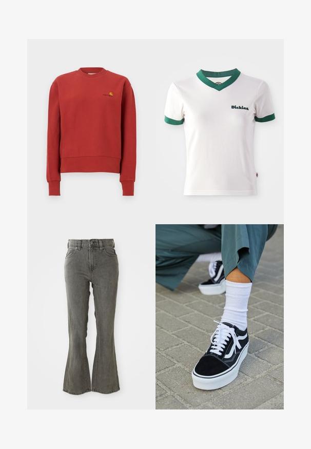 Červená mikina s okrúhlym výstrihom, dlhými rukávmi a rebrovanými manžetami, s malým žlto-čiernym logom Carhartt na ľavej strane hrude.; Biela tričko s krátkym rukávom, s zeleným výstrihom do V a zelenými pruhmi na rukávoch; na ľavej hrudi sa nachádza logo "Dickies" v tmavozelenej farbe. Hladká bavlnená textúra.; Široké šedé džíny s vysokým pásom, pútka na opasok, piatimi vreckami a mäkkým, textúrovaným povrchom.; Čierne semišové tenisky s bielymi akcentmi a šnúrkami, s hrubou bielou podrážkou a kontrastným prešívaním, doplnené o bielu ponožku.