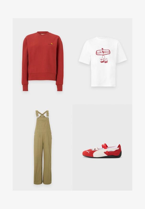 Sweat-shirt rouge à col rond avec manches longues et poignets côtelés, arborant un petit logo Carhartt jaune et noir sur la poitrine gauche.; T-shirt blanc avec un graphisme rouge représentant un rétroviseur montrant un cowboy à cheval et deux dés en peluche suspendus en dessous.; Salopette à jambes larges de couleur kaki avec bretelles réglables, une poche poitrine et des boutons métalliques en accent sur un fond uni.; Chaussures en daim rouges et blanches avec un profil bas, dotées de bandes élastiques et d'une semelle en caoutchouc noir texturé. Logo Puma sur le côté.