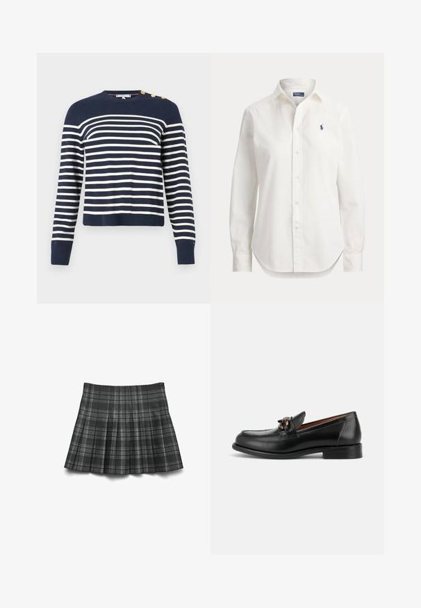 Marineblauwe gestreepte trui met horizontale witte strepen. Geribbelde halslijn en manchetten, met vier gouden knopenaccenten op de linkerschouder.; Witte blouse met lange mouwen, knopen, kraag en klein blauw logo van een polospeler op de linkerborst.; Zwart en grijs geruite geplooide rok met een gladde textuur, met verticale en horizontale lijnen voor een gestructureerd ontwerp.; Vagabond LINN - Instappers - black