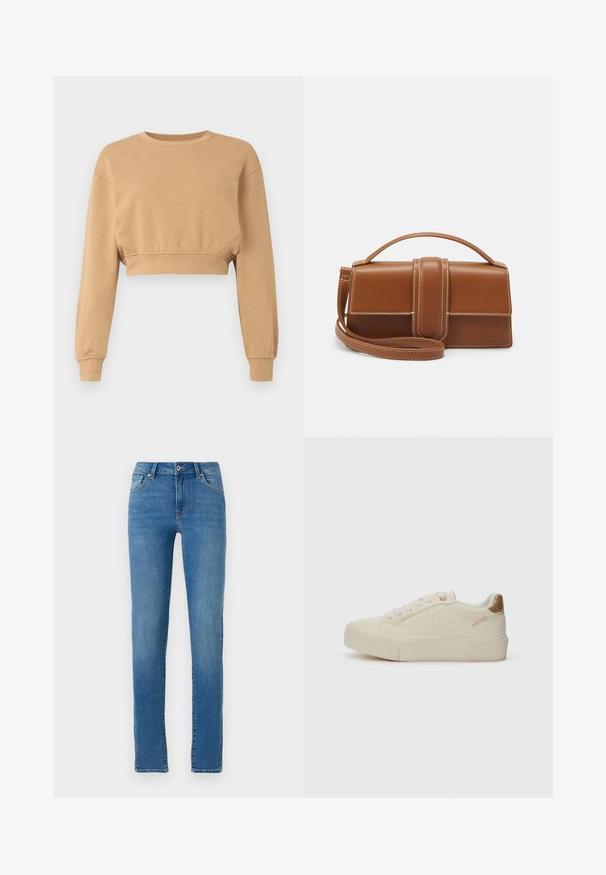 Cropped sweatshirt in lichtbruin, gemaakt van zacht stof. Heeft lange mouwen, een ronde halslijn en subtiele elastiek bij de boorden en de zoom.; Blauwe denim jeans met een rechte pasvorm, vijf zakken, sluiting met een knoop aan de voorkant en subtiele stiksels. Schoon ontwerp met een middelgrote wassing.; Crème-kleurige sneakers met een platte, gestructureerde zool, ronde neuspunt en dunne veters; heeft minimale perforaties en een tan accent op de hiel.; Bruine leren rechthoekige handtas met bovenhandvat, voorflap, brede centrale band, witte stiksels en afneembare schouderriem op witte achtergrond.