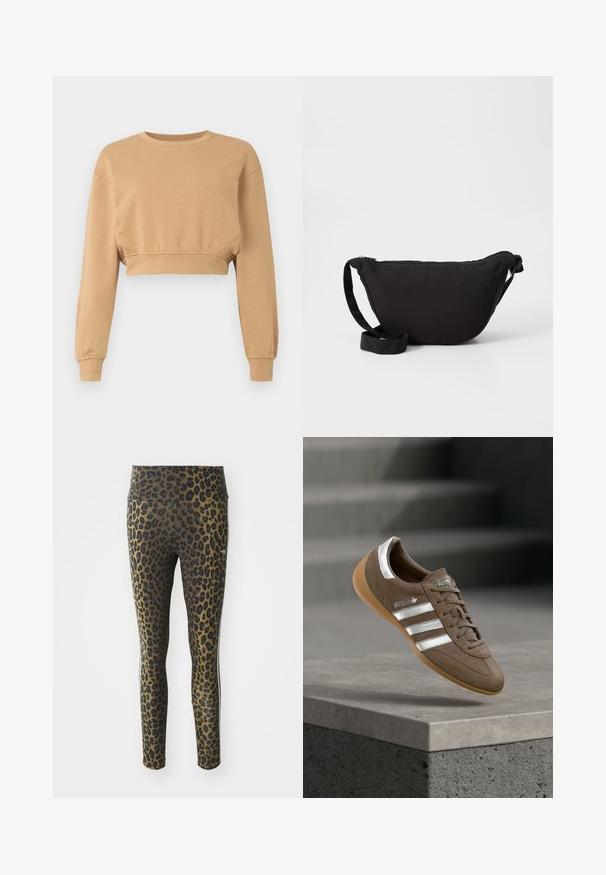 Cropped sweatshirt in lichtbruin, gemaakt van zacht stof. Heeft lange mouwen, een ronde halslijn en subtiele elastiek bij de boorden en de zoom.; Leggings met luipaardprint, voorzien van een hoge tailleband, rekbare stof en zwarte accenten op een lichtbruine basis, ontworpen voor comfort en pasvorm.; Bruine suède sneaker met witte strepen en zilveren accenten, voorzien van een getextureerde bovenkant, vetersluiting en een zool van gumrubber.; Zwarte hobo tas gemaakt van zachte stof, met een gebogen vorm, een ritssluiting en een brede verstelbare schouderriem. Glad van structuur zonder patronen.