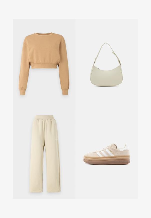 Cropped sweatshirt in lichtbruin, gemaakt van zacht stof. Heeft lange mouwen, een ronde halslijn en subtiele elastiek bij de boorden en de zoom.; Beige wijde sweatpants van zachte stof, met een elastische tailleband, zijzakken en een klein geborduurd logo-detail.; Beige suède sneaker met witte leren accenten, voorzien van drie witte strepen, een gouden logo en een dikke, doorschijnende rubberen zool.; Pieces PCALUANA SHOULDER BAG - Handtas - birch