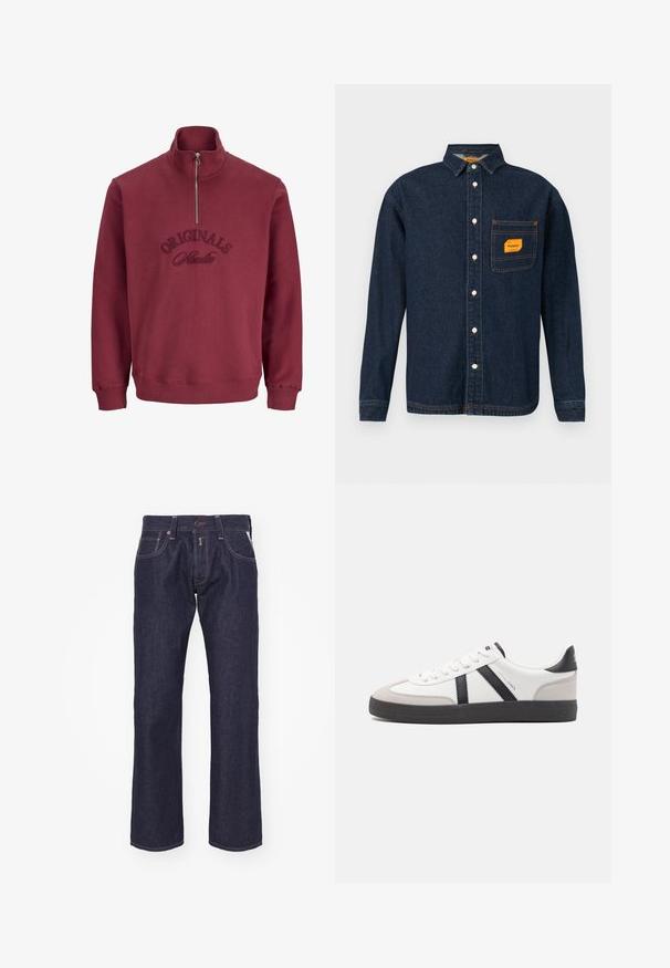 Bordeaux ritsweater met een hoge kraag, geribde manchetten en geborduurde tekst "Originals Studio" op de voorkant. Zachte, gestructureerde stof.; Donkerblauwe denim shirt met button-down kraag, oranje label op de borstzak en witte knopen. Zachte textuur met contrasterende stikseldetails.; Donkerblauwe denim jeans met een recht model. Kenmerken zijn een knoopsluiting, vijf zakken en contrasterende stiksels.; Witte sneaker met zwarte en grijze accenten, voorzien van een grijze neus met textuur, zwarte rubberen zool en platte witte veters. Schoon ontwerp, minimalistische stijl.