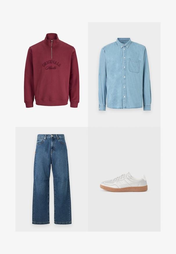 Burgundin väriinen vetoketjullinen huppari, jossa on korkea kaulus, ribattu hihansuu ja etuosassa brodeerattu "Originals Studio" -teksti. Pehmeä, teksturoitu kangas.; Vaaleansininen farkkupaita, jossa pitkät hihat, napillinen kaulus, rintatasku ja valkoiset napit keskellä ja hihojen manseteissa.; Siniset farkut rentoa istuvuutta, suoria lahkeita, näkyviä ompeleita ja edessä nappikiinnitys. Sisältää sivutaskun korostuksella.; Hopeasuudet hopeanväriset, sileäpintaiset, nauhakiinnityksellä, reikäkohdistuksilla ja kuvioidulla ruskealla kumipohjalla.