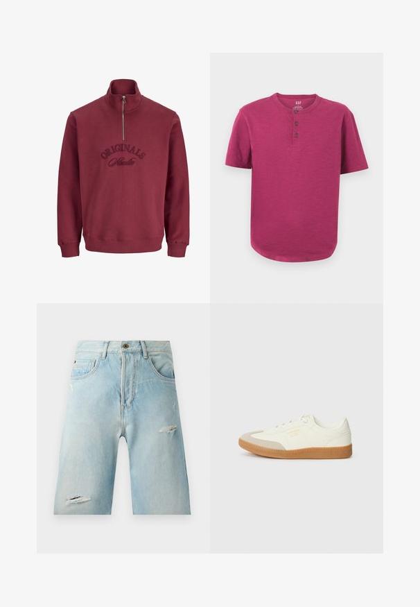 Sweatshirt zippé bordeaux avec un col haut, des poignets côtelés et le texte "Originals Studio" brodé sur le devant. Tissu doux et texturé.; T-shirt henley à manches courtes dans une couleur magenta vive. Présente un col rond, une patte de boutonnage à trois boutons et un ourlet légèrement incurvé. Texture douce.; Shorts en denim bleu clair avec une coupe décontractée, présentant des accents déchirés, des poches latérales et une fermeture à un bouton par-dessus.; Baskets en cuir blanc avec une coque beige et une semelle en caoutchouc marron clair. Dotées de lacets blancs plats et d'un logo embossé sur le côté.
