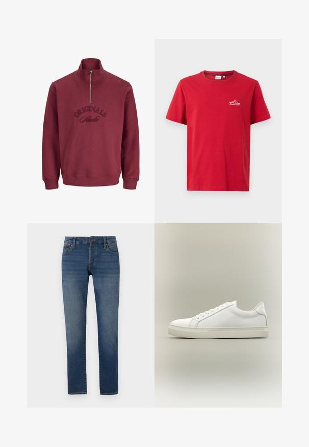 Burgunderfarbene Zip-Hoodie mit hohem Kragen, gerippten Bündchen und gesticktem "Originals Studio"-Text auf der Vorderseite. Weiches, strukturiertes Material.; Pepe Jeans THIAGO TEE - T-Shirt print - rugby red; Schmal geschnittene blaue Jeans mit leichtem Verblassen an den Oberschenkeln, Fünf-Taschen-Design, Knopfverschluss und geradem Beinanschnitt auf einem weißen Hintergrund.; Weißer Sneaker mit niedrigem Schaft, vorn mit Schnürung und dicker Sohle, aus der Seitenansicht vor neutralem Hintergrund.