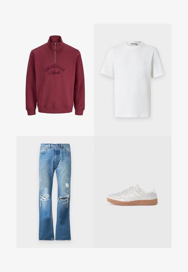 Sudadera burdeos con cremallera y cuello alto, puños acanalados y bordado de "Originals Studio" en el frente. Tela suave y texturizada.; Camiseta blanca de manga corta con cuello redondo y tejido de waffle, con una pequeña etiqueta de la marca en el interior del cuello, mostrada sobre un fondo liso.; Jeans de mezclilla azules de pierna recta con un lavado descolorido y múltiples desgastes en ambas rodillas y muslos superiores.; Zapatillas plateadas con una textura suave, diseño de cordones, acentos perforados y una suela de goma marrón texturizada.