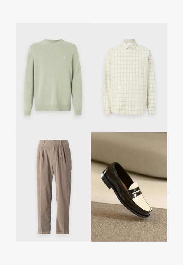 Suéter de cuello redondo verde claro con mangas largas y un pequeño logo bordado en blanco en el lado izquierdo del pecho.; Camisa beige abotonada con mangas largas y un sutil patrón de cuadros, que presenta un cuello puntiagudo y un solo bolsillo en el pecho sobre un fondo liso.; Pantalones de pana beige con un ajuste relajado, que cuentan con pliegues, cierre de botón y bolsillos laterales, superficie texturizada y diseño de pierna cónica.; Mocasines de cuero negro con un vampiro color crema y rayas de acento negras, presentando un tacón bajo y costuras detalladas a lo largo de los bordes.