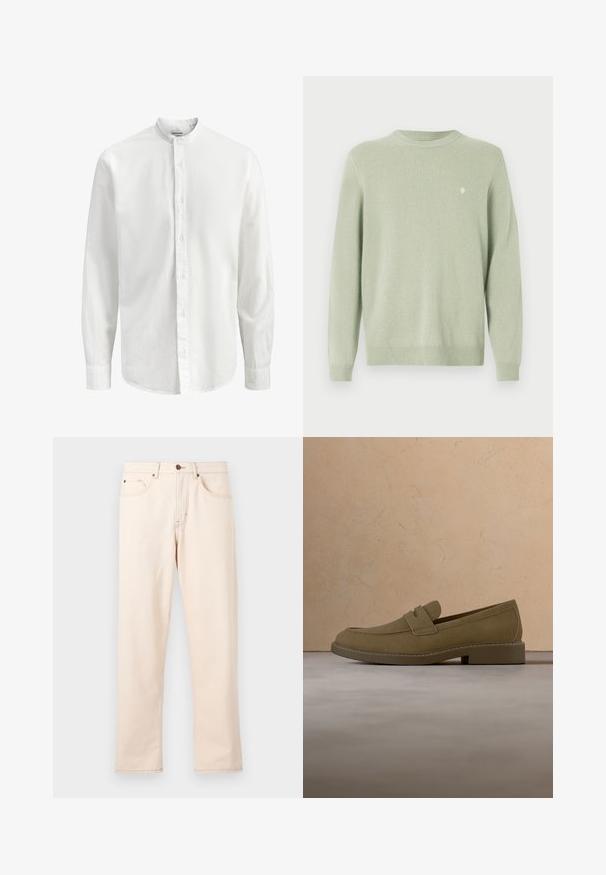 Pull léger vert clair à col rond, avec des manches longues et un petit logo brodé blanc sur la poitrine gauche.; Chemise blanche à manches longues avec col mao et fermeture à boutons sur le devant, présentant un tissu lisse et uni ainsi que des poignets étroits.; Jean beige droit avec cinq poches, fermeture à boutons et surpiqûres contrastantes sur un fond clair uni.; Mocassin en daim marron flottant au-dessus d'un tapis beige texturé dans un salon avec une table basse en bois et des livres empilés.