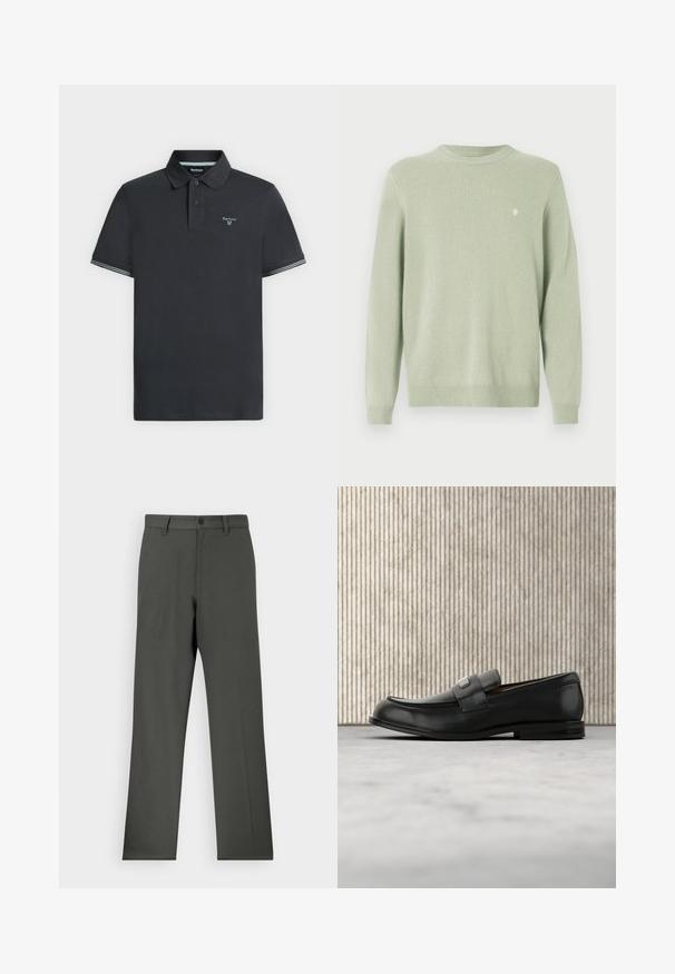 Pull léger vert clair à col rond, avec des manches longues et un petit logo brodé blanc sur la poitrine gauche.; Polo noir à manches courtes avec col, deux boutons, fines rayures blanches sur les bords des manches et petit logo Barbour sur la poitrine gauche.; Pantalon gris foncé en tissu lisse, avec une coupe droite, fermeture à bouton et passants de ceinture. Pas de motifs ni d'accents visibles.; Mocassin en cuir noir avec une plaque de marque en métal reposant près d'une table ronde marron sur un sol recouvert de moquette beige.