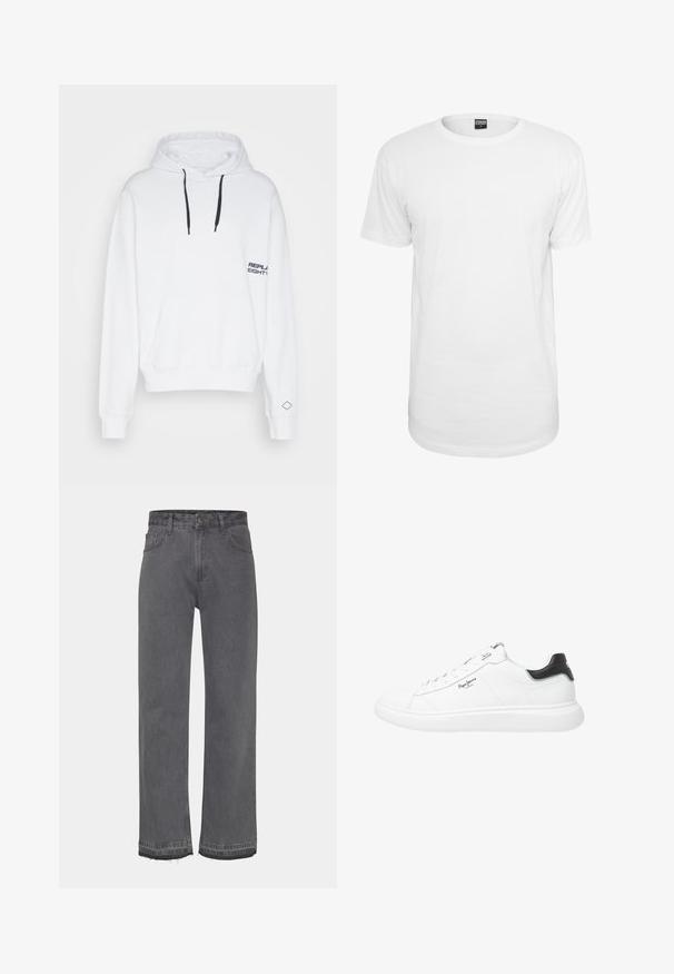 Replay Sweatshirt - white; T-shirt blanc à manches courtes en coton, avec un col rond classique, une coupe décontractée et sans motifs ni logos visibles.; Jeans larges gris en denim, avec un délavage usé, une fermeture à bouton et des ourlets effilochés. Deux poches latérales sont visibles.; Baskets basses blanches en cuir avec une finition lisse, dotées d'accents noirs au niveau du talon, de lacets ronds et de coutures latérales discrètes.