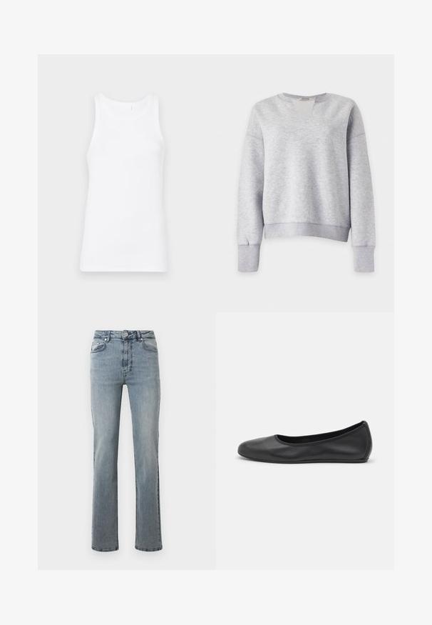 Sweat-shirt gris clair à manches longues avec col rond côtelé, poignets côtelés et ourlet côtelé, présenté sur fond blanc.; Débardeur en coton blanc avec un col rond et de larges bretelles. Le tissu est lisse et ajusté, sans motifs ni embellissements visibles.; Jeans en denim bleu clair avec une taille haute, coupe droite, décoloration subtile, style à cinq poches et fermeture à bouton en métal.; Ballerines en cuir noir avec un bout rond, texture lisse, détails de couture minimalistes et design de semelle flexible.