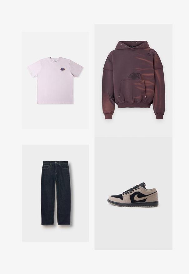 Lila Kapuzenpullover mit abgenutzten Stellen, einer Fronttasche und silbernen Nieten. Weicher Stoff mit gerippten Bündchen und Saum.; Rosa Baumwoll-T-Shirt mit kurzen Ärmeln, das ein kleines mehrfarbiges Logo auf der linken Brustpartie zeigt. Einfaches, legeres Design.; Dunkelblaue Jeans aus Denim mit lockerer Passform, fünf Taschen und Kontrastnähten. Mit einem Knopf- und Reißverschluss ausgestattet. Glatte Textur.; Niedriger Sneaker mit beigen und schwarzen Lederpaneelen, schwarzen Schnürsenkeln und einer Gummisohle, seitlich auf weißem Hintergrund dargestellt.
