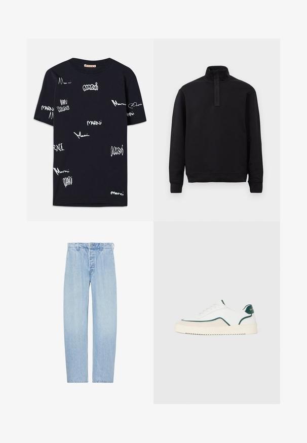 Jersey negro de manga larga con cuello alto y cremallera frontal, colocado plano sobre un fondo claro.; Camiseta de algodón negra con logotipos "Marni" escritos a mano en blanco de varios tamaños repartidos por toda la tela, cuello redondo y mangas cortas.; Vaqueros rectos de talle alto en azul claro con cierre de botón y cremallera, trabillas para cinturón y bolsillos laterales, mostrados planos sobre fondo blanco.; Zapatilla baja blanca con detalles en verde, gamuza beige y suela de color crema con un fondo estriado.