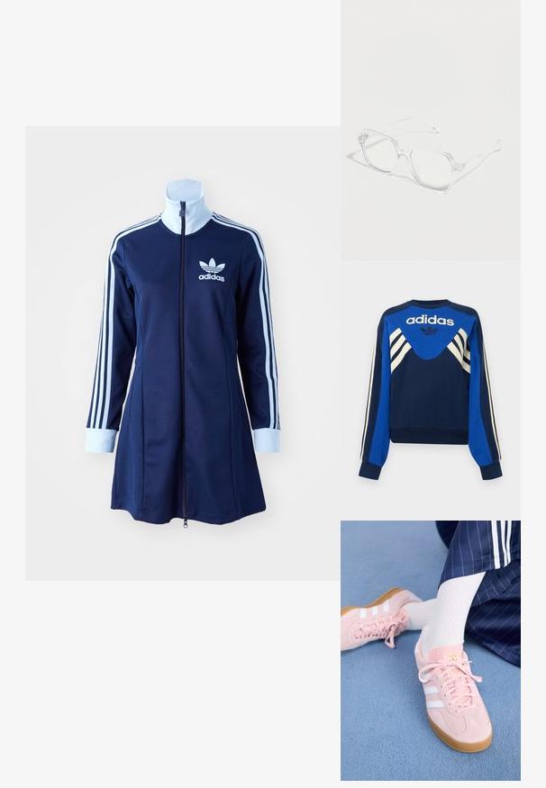 Sweat Adidas bleu marine et bleu avec des bandes blanches sur les manches et la poitrine, avec le logo Adidas et un design trèfle sur le devant.; Robe zippée adidas bleu marine avec manches longues, rayures bleu clair le long des bras et logo sur la poitrine. Tissu lisse au design sportif.; Des sneakers en daim rose clair avec des rayures et des lacets blancs, dotés d'une languette texturée et d'une semelle en gomme, posées sur un tapis bleu.; Lunettes rectangulaires transparentes avec montures et branches claires, placées sur une surface blanche avec des ombres douces.