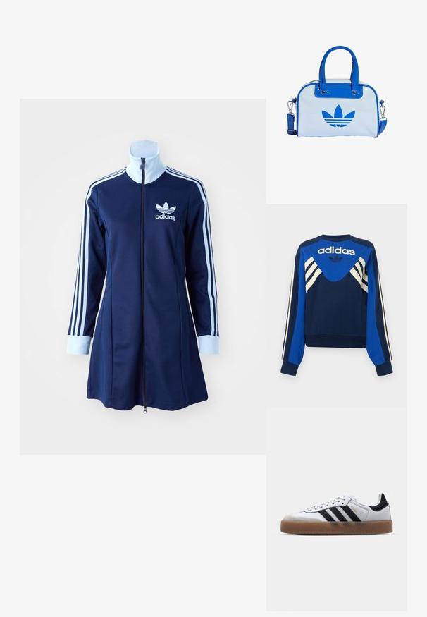 Tumesinine ja sinine Adidas dressipluus valgete triipudega varrukatel ja rinnal, esiküljel Adidas logo ja lehekujundusega.; Tumesinine adidas'i kapuutsi kleit pika varrukaga, helesinised triibud käte peal ja logo rinnal. Sile kangas sportliku disainiga.; Valged nahast tossud mustade triipudega, kummist välistald, ümmargune nina, seotud sulgemine ja pehme hall suede ninaosa.; Sinine ja valge käekott läikiva viimistlusega, millel on kaks sinist sangast, eemaldatav õlarihm ja esiküljel silmapaistev sinine logo.