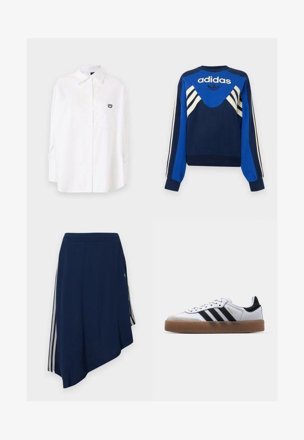Marineblaue und blaue Adidas Sweatshirt mit weißen Streifen an Ärmeln und Brust, mit Adidas Logo und Trefoil-Design auf der Vorderseite.; Weißes Hemd mit Knopfverschluss aus Baumwolle, mit langen Ärmeln, einer Brusttasche mit Logo und einem lockeren Schnitt. Glatte Textur.; Himmelblau asymmetrischer Rock mit weißen vertikalen Streifen an den Seiten und einem strukturierten Stoffmuster.; Weiße Leder Sneakers mit schwarzen Streifen, Gummigummi-Außensohle, runder Zehenform, Schnürverschluss und weichem grauem Wildleder-Zehenkappe.