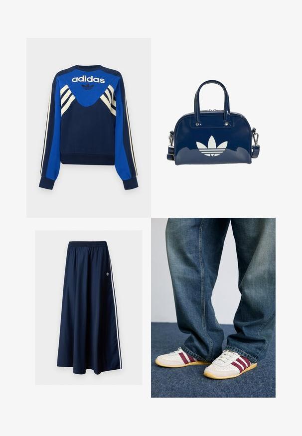 Donkerblauwe en blauwe Adidas sweater met witte strepen op de mouwen en borst, met Adidas-logo en klaverbladontwerp aan de voorkant.; Donkerblauwe maxi-rok met elastische tailleband, twee witte zijstrepen en een klein wit Adidas-logo aan de linkerkant.; Witte sneakers met bordeauxrode strepen, van textuur leer en mesh, gecombineerd met losvallende blauwe denim jeans. Zachte rubberen zolen, casual stijl.; Glanzende donkerblauwe handtas met dubbele handvatten en verstelbare riem, met een groot wit Adidas trefoil-logo aan de voorkant.