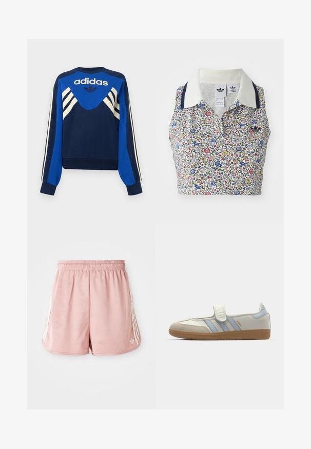 Donkerblauwe en blauwe Adidas sweater met witte strepen op de mouwen en borst, met Adidas-logo en klaverbladontwerp aan de voorkant.; Bloemige crop top met een witte basis en blauwe, rode en gele bloemen. Inclusief een witte kraag met marineblauwe accenten en een geborduurd logo.; Roze sport shorts met een elastische tailleband, witte zijstreepdetails en een klein logo aan de onderkant van de linkervoorzijde. Glad textuur van de stof.; adidas Originals SAMBA JANE BALLERINA - Ballerina's met enkelbandjes - cloud white/halo blue