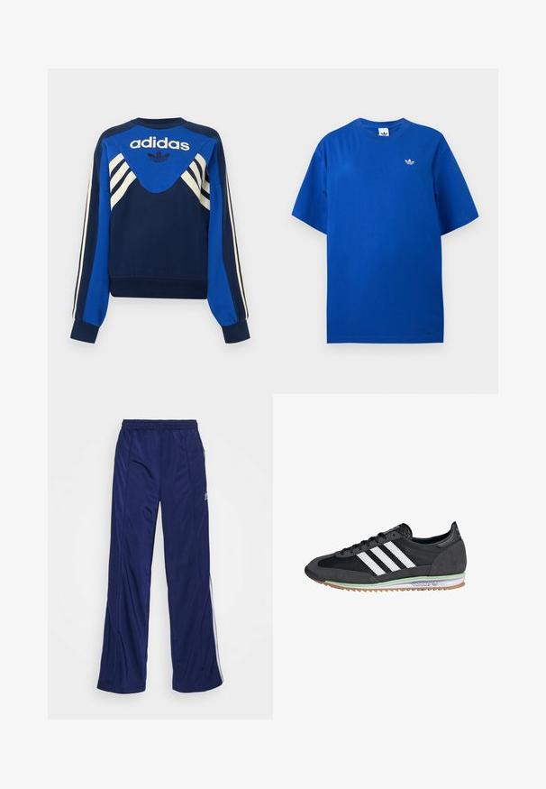 Tumesinine ja sinine Adidas dressipluus valgete triipudega varrukatel ja rinnal, esiküljel Adidas logo ja lehekujundusega.; Sinine lühikeste varrukatega Adidas T-särk ümmarguse kaelusega, vasakul rinnal väike valge Adidas trefoil logo.; Tumedad spordipüksid elastse vöökohtiga, sirgete jalgade ja külgzippidega. Külgedel on valged äärised. Sile kangastekstuuri.; Mustad ja hallid tossud, millel on samet- ja võrgust pealis, kolme valge triibuga, kummist tald ja roheline aktsent tallal.