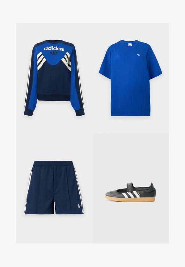 Ναυτικό και μπλε φούτερ Adidas με λευκές ρίγες στα μανίκια και το στήθος, με λογότυπο Adidas και σχέδιο τριφύλλι μπροστά.; Μπλε κοντομάνικο T-shirt Adidas με στρογγυλή λαιμόκοψη και μικρό λευκό λογότυπο Adidas trefoil στο αριστερό μέρος του στήθους.; Μπλε ναυτικό αθλητικό σορτς με ελαστική μέση, λευκές πλαϊνές ρίγες, τσέπες με φερμουάρ και μικρό λευκό λογότυπο Adidas στο αριστερό πόδι.; Μαύρο δερμάτινο και σουέντ αθλητικό παπούτσι με ιμάντα Velcro, χαρακτηρισμένο από τρεις λευκές ρίγες και καουτσούκ σόλα, με την ένδειξη "SAMBA" στο πλάι.