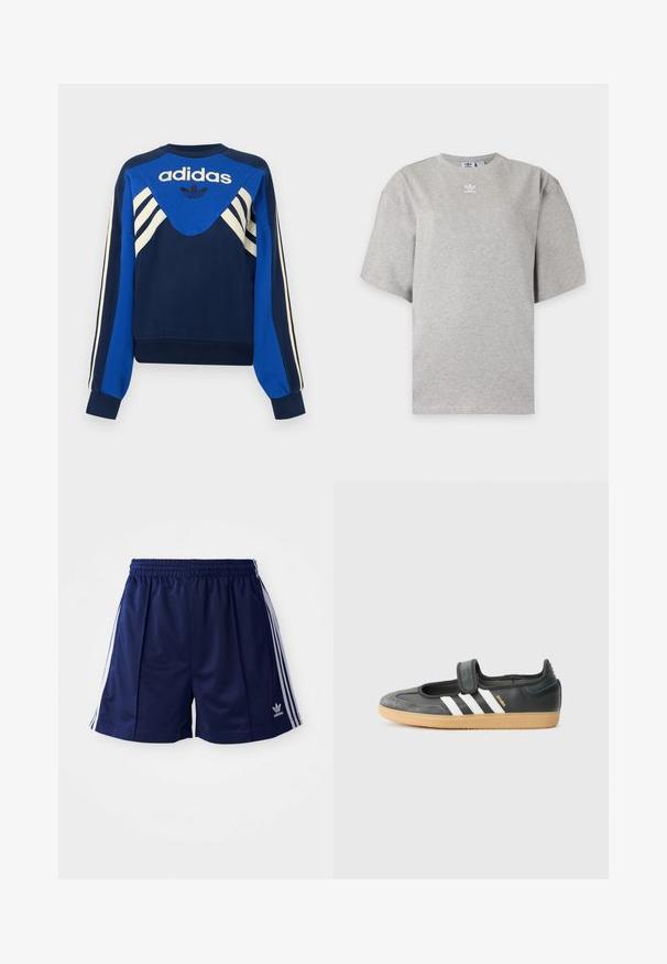 Námornícka a modrá mikina Adidas s bielymi pásikmi na rukávoch a na hrudi, s logom Adidas a dizajnom trojlístka na prednej strane.; Svetlosivé tričko Adidas s krátkym rukávom, okrúhlym výstrihom a malým bielym logom Adidas na hrudi, zobrazené na jednoduchom pozadí.; Námorné športové šortky vyrobené z ľahkého materiálu, s bielymi bočnými pruhmi a vyšívaným logom na dolnej ľavej strane. Elastický pás.; Čierne kožené a zamšové tenisky s Velcro pásikom, s tromi bielymi pruhmi a gumenou podrážkou, označené nápisom "SAMBA" na boku.