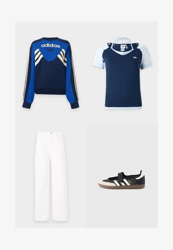 Ναυτικό και μπλε φούτερ Adidas με λευκές ρίγες στα μανίκια και το στήθος, με λογότυπο Adidas και σχέδιο τριφύλλι μπροστά.; Κοντομάνικη μπλούζα Adidas σε ναυτικό και ανοιχτό μπλε με V-λαιμόκοψη, λογότυπο στο στήθος και τιράντα halter δεμένη στο πίσω μέρος του λαιμού.; Λευκά τζιν παντελόνια με φαρδιά γραμμή, κλασικό σχέδιο πέντε τσεπών και απλή επιφάνεια χωρίς σχέδια ή διακοσμήσεις.; Μαύρο και μπεζ αθλητικό παπούτσι με λουράκι βέλκρο, τρεις λευκές ρίγες στο πλάι και υφασμένη καφέ πατούσα από καουτσούκ. Ορατό το λογότυπο της μάρκας.