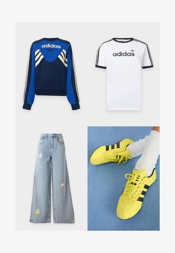 Námornícka a modrá mikina Adidas s bielymi pásikmi na rukávoch a na hrudi, s logom Adidas a dizajnom trojlístka na prednej strane.; Biele bavlnené tričko s čiernymi akcentmi, so zapínaním okolo krku, krátkymi rukávmi, tromi čiernymi pruhmi na ramenách a čiernym logom „adidas“.; Svetlomodré široké rifle s nášivkami Care Bears, vrátane hviezd, balónov v tvare srdca a postáv držiacich dáždnik.; Jasne žlté športové topánky s čiernymi pruhmi a šnúrkami; majú textúrovaný zvršok a semišové akcenty. Nosené s bielymi rebrovanými ponožkami.