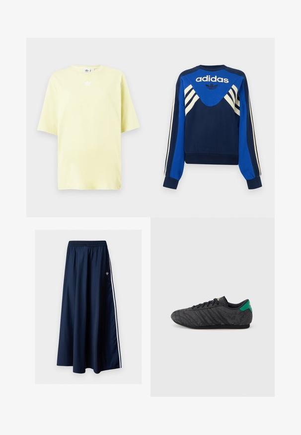 Ναυτικό και μπλε φούτερ Adidas με λευκές ρίγες στα μανίκια και το στήθος, με λογότυπο Adidas και σχέδιο τριφύλλι μπροστά.; Ανοιχτό κίτρινο μπλουζάκι Adidas με κοντά μανίκια και μικρό λευκό λογότυπο trefoil στο κέντρο, κοντά στον λαιμό.; Μακριά φούστα σε ναυτικό μπλε με ελαστική μέση, δύο λευρές πλαϊνές ρίγες και μικρό λευκό λογότυπο Adidas στην αριστερή πλευρά.; Μαύρο αθλητικό παπούτσι με χαμηλό προφίλ και διακριτικό λουλουδάτο σχέδιο, μαύρα κορδόνια, πράσινη ταμπελίτσα στη φτέρνα και χρυσό λογότυπο στη γλώσσα και τη φτέρνα.