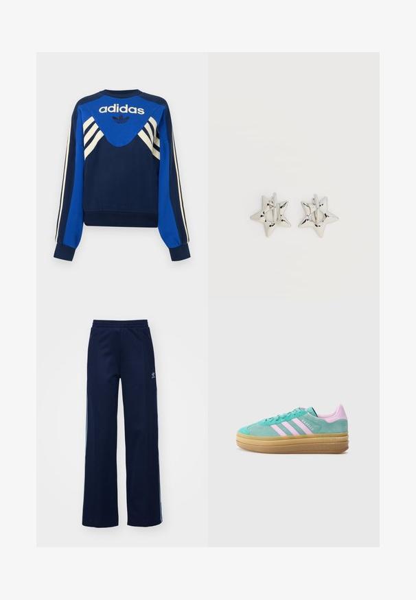 Ναυτικό και μπλε φούτερ Adidas με λευκές ρίγες στα μανίκια και το στήθος, με λογότυπο Adidas και σχέδιο τριφύλλι μπροστά.; Σαλοπέτες από καμβά βαμβακερού με παραλληλόγραμμο σχεδιασμό και φαρδιά πόδια, ελαστική μέση και τσέπες με φερμουάρ, με λευκές λωρίδες στα πλάγια και λεπτομέρεια λογότυπου.; adidas Originals GAZELLE BOLD - Αθλητικά παπούτσια - powder teal/bliss lilac/pure teal; Ασημένια σκουλαρίκια κρίκοι σε σχήμα αστεριού με λείο, γυαλιστερό φινίρισμα σε απλό λευκό φόντο.
