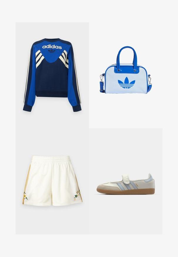 Sweat Adidas bleu marine et bleu avec des bandes blanches sur les manches et la poitrine, avec le logo Adidas et un design trèfle sur le devant.; Shorts de sport couleur crème avec des rayures latérales dorées et de petites fleurs brodées vertes, jaunes et blanches près de l'ourlet des deux côtés.; adidas Originals SAMBA JANE BALLERINA - Babies - cloud white/halo blue; Sac à main bleu et blanc avec une finition brillante, doté de deux poignées bleues, d'une bandoulière amovible et d'un logo bleu bien visible à l'avant.