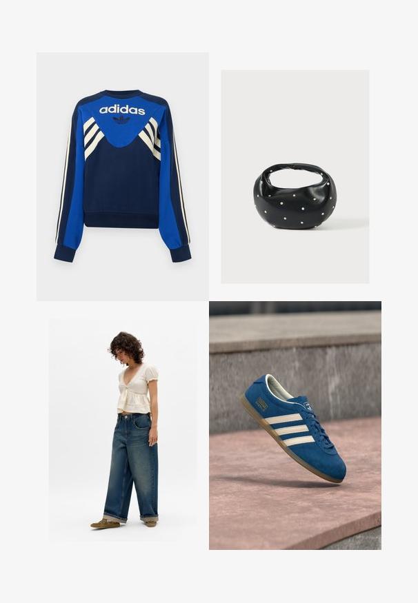 Ναυτικό και μπλε φούτερ Adidas με λευκές ρίγες στα μανίκια και το στήθος, με λογότυπο Adidas και σχέδιο τριφύλλι μπροστά.; Γυναίκα που φοράει κρεμ μπλουζάκι με κοντό μανίκι και V λαιμόκοψη με δαντέλα, φαρδιά τζιν παντελόνια σε μπλε απόχρωση με τελειώματα που γυρίζουν και ελαιόχρωμες παπούτσια, στέκεται σε λευκό φόντο.; Μπλε βελούδινο αθλητικό παπούτσι με κρεμ ρίγες και κορδόνια, σόλα από καουτσούκ, υφή επιφάνειας, στρογγυλεμένη μύτη και λογότυπο στην πλευρά.; Μαύρη δερμάτινη τσάντα χειρός με στρογγυλεμένο σχήμα, διακοσμημένη με ασημένιες λεπτομέρειες με καρφιά και κοντή λαβή. Λείο υλικό και κλείσιμο με φερμουάρ.